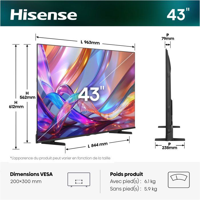 Hisense 43E7S - TV QLED 43 (108 cm) - 4K UHD 3840x2160 - HDR10+ - Smart TV Vidaa - 3xHDMI 2.1 - WiFi
