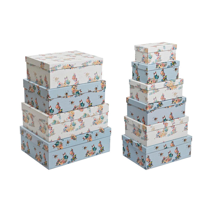 Jeu de Caisses de Rangement Empilables DKD Home Decor Bleu Blanc Fleurs Carton (43,5 x 33,5 x 15,5 cm)