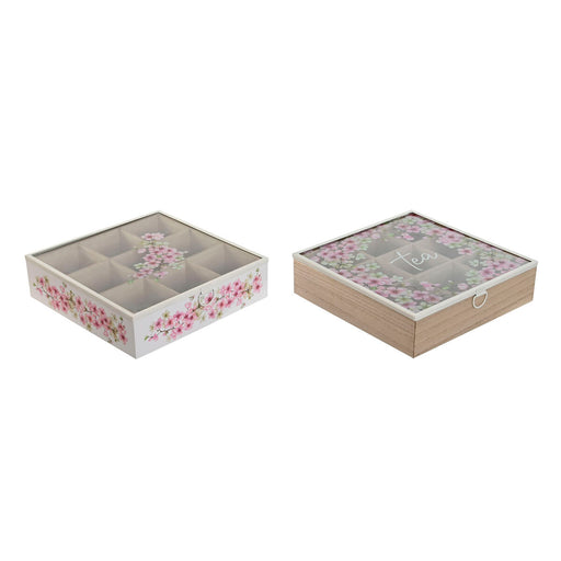 Boîte pour infusions Home ESPRIT Blanc Rose Métal Verre Bois MDF 24 x 24 x 6,5 cm (2 Unités)