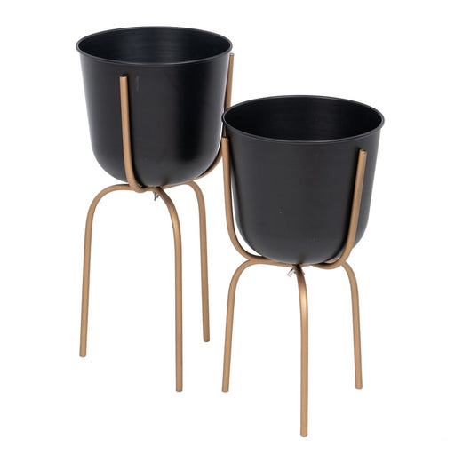 Set de pots de fleurs 23 x 23 x 48 cm Noir Doré Métal (2 Unités)