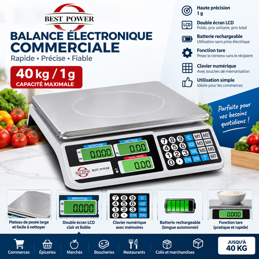 Balance électronique commerciale Best Power – 40 kg / précision 1 g