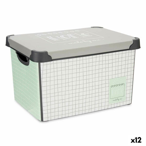 Boîte de rangement avec couvercle Home à carreaux Gris Plastique 17 L 28 x 22 x 37 cm (12 Unités)