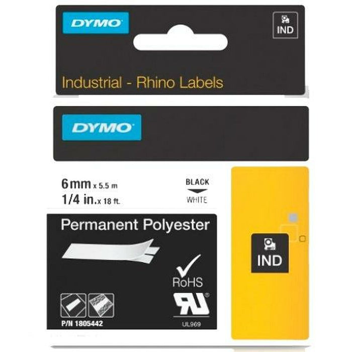 Ruban Laminé pour Etiqueteuses Rhino Dymo ID1-6 Blanc Noir 6 x 5,5 mm (5 Unités)