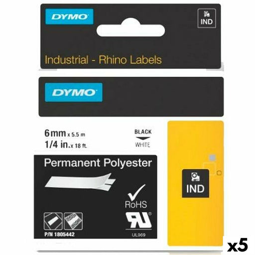 Ruban Laminé pour Etiqueteuses Rhino Dymo ID1-6 Blanc Noir 6 x 5,5 mm (5 Unités)